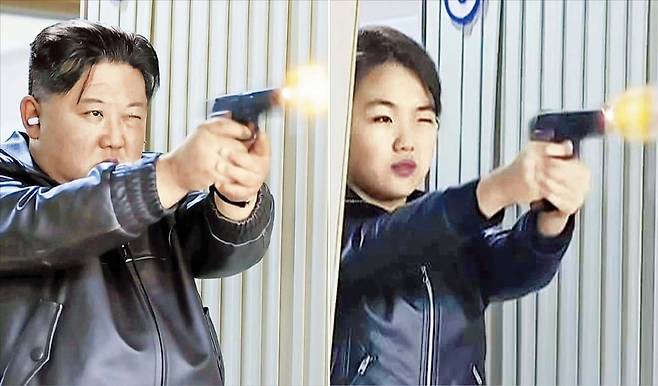 나란히 총 쏘는 김정은·김주애 김정은 북한 국무위원장이 지난 11일 실내 사격장에서 딸 김주애와 함께 신형 권총을 사격하고 있다. 노동신문은 지난달 28일에도 김주애가 소총 사격을 하는 모습을 공개했다./조선중앙TV