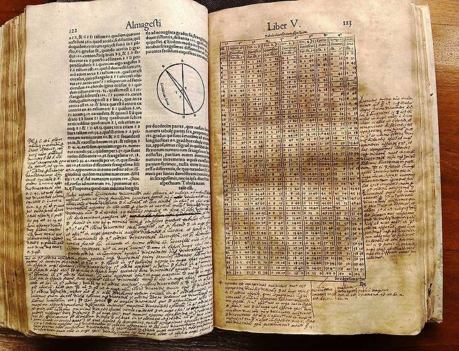 프톨레마이오스의 천동설을 담은 알마게스트의 1551년 인쇄본. 이탈리아 과학사학자가 이 책의 여백에서 당시 갈릴레오 갈릴레이가 남긴 방대한 주석을 발견했다. /이탈리아 피렌체 국립중앙도서관