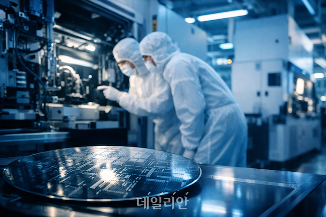 반도체 공정 장비가 가동되는 생산라인. 한국의 특허 활동이 반도체와 통신 기술 중심으로 형성된 산업 구조를 상징적으로 보여준다. ⓒ챗지피티
