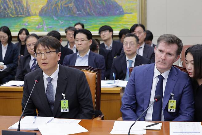 Park Dae-jun, chief executive officer of Coupang, answers questions during a National Policy Committee hearing on a Coupang personal data leak at the National Assembly in Yeouido, western Seoul, on Dec. 3, 2025. [NEWS1]