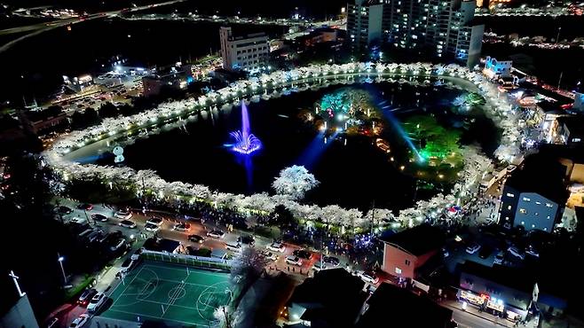 벚꽃시즌의 화려한 연화지 야경. <김천시 제공>