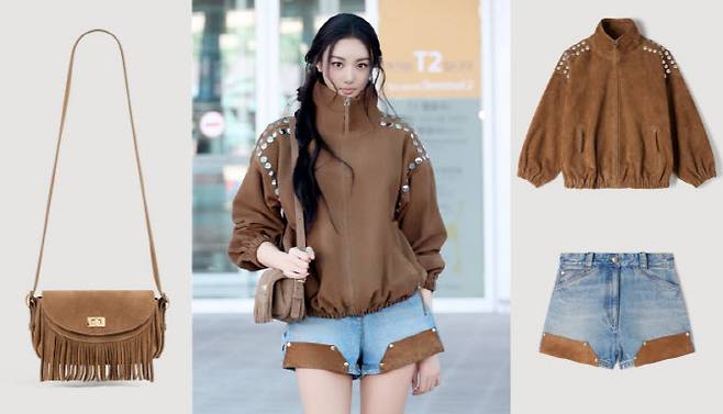 미야오 가원이 지난 7일 인천공항 출국길에 산드로 제품을 착용한 모습과 제품 이미지 (사진=산드로SSF샵 상품페이지 캡처)