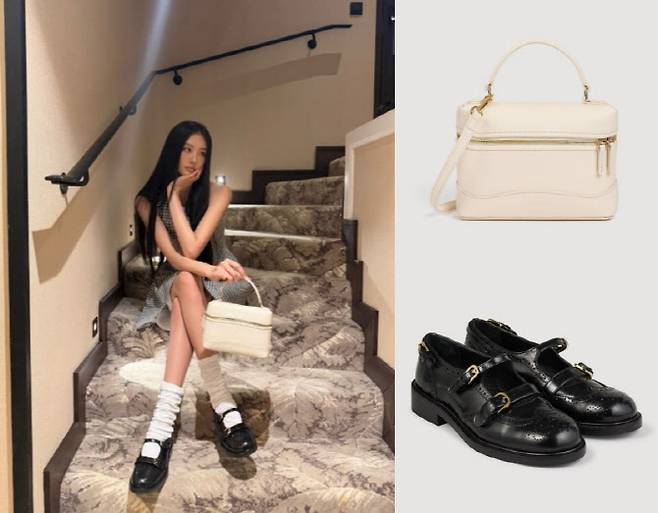 미야오 가원이 산드로 가방과 신발을 착용한 모습 (사진=미야오 인스타그램SSF샵 상품페이지 캡처)
