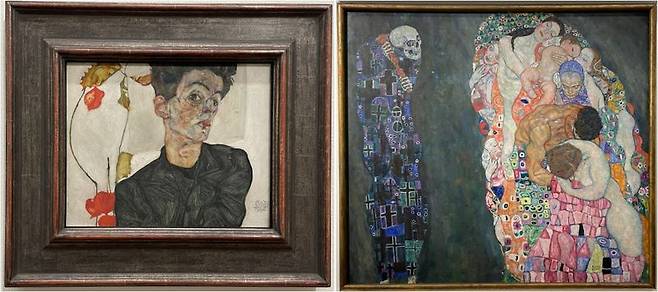 오스트리아 빈의 레오폴트 미술관에는 세계 최고 수준의 에곤 쉴레 컬렉션과 함께 빈 분리파를 대표하는 구스타프 클림트 등의 작품들이 있다. 레오폴트 미술관에 있는 에곤 쉴레의 '중국등나무가 있는 자화상'(왼쪽)과 구스타프 클림트의 '죽음과 삶'(Tod und Leben). /사진=서윤경 기자
