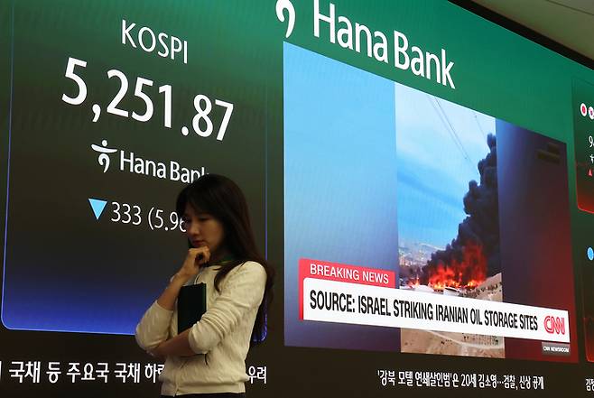 이란 사태로 국제유가가 폭등한 가운데 코스피가 6% 급락하며 5200대로 마감한 9일 서울 중구 하나은행 본점 딜링룸에 코스피가 표시돼 있다. [연합뉴스]