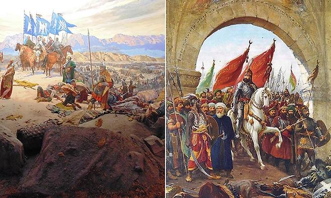 동로마제국의 쇠퇴를 부른 1071년 만지케르트 전투(왼쪽 사진)와 동로마제국의 종말을 가져온 1453년 콘스탄티노폴 함락.
