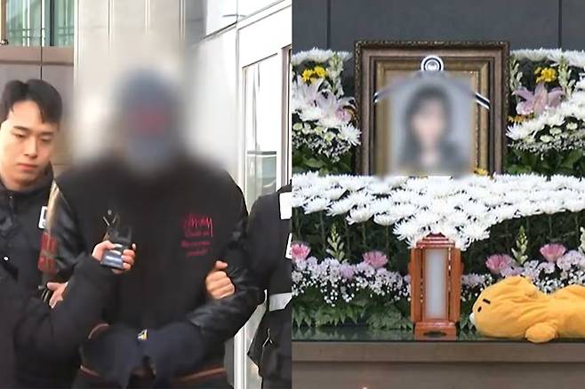 지난해 12월31일 여자친구를 살해하고 시체를 유기한 혐의를 받는 20대 남성이 구속 전 피의자 심문을 위해 수원지법 안산지원에 출석한 모습. 오른쪽은 피해 여성 빈소. YTN·MBC 보도화면 캡처
