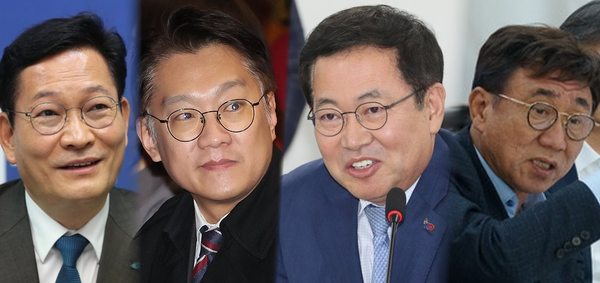 왼쪽부터 송영길 전 민주당 대표, 김남준 전 청와대 대변인, 박남춘 전 인천시장, 고남석 현 민주당인천시당위원장. [사진=경인방송]