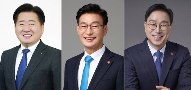 더불어민주당 제주도지사 경선 후보. 왼쪽부터 오영훈 지사, 문대림(제주시을), 위성곤(서귀포시) 국회의원.