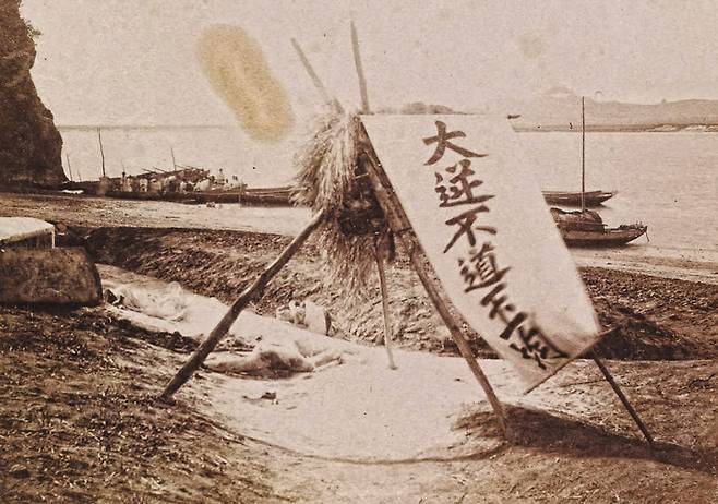 1894년 4월 서울 양화진에서 6토막으로 능지처사를 당한 김옥균의 시신. 머리를 매단 나무 위의 '대역부도 김옥균'이란 글씨는 김옥균을 암살한 홍종우가 썼다고 한다. 사진=독립기념관