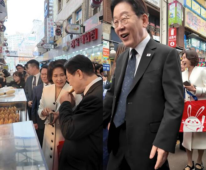 이재명 대통령과 김혜경 여사가 15일 경남 창원시 반송시장을 방문한 모습. 유튜브 채널 ‘이재명’