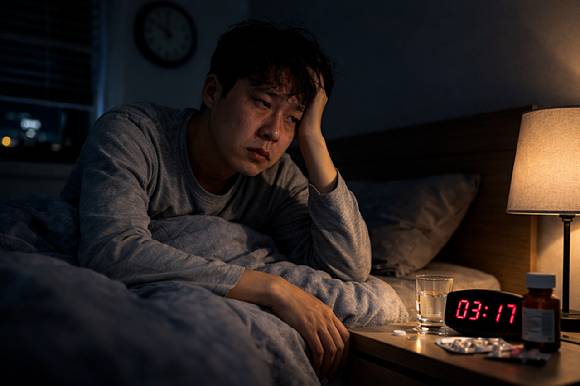 새벽 시간에도 잠들지 못한 채 침대에 앉아 있는 수면장애 환자의 모습. [사진=픽사베이]