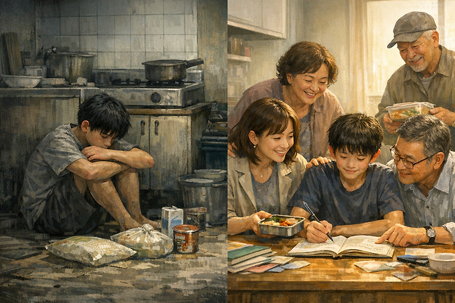 가난한 시절과 주변의 도움을 받는 상반된 모습을 표현한 그림. [챗GPT를 통해 제작]