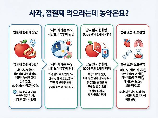 대한당뇨병학회 등의 공신력 있는 자료를 바탕으로 재구성한 사과 섭취 가이드이다. 제미나이로 생성한 AI인포그래픽