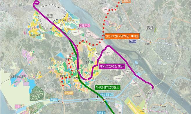서울지하철 5호선 김포·검단 연장 노선(안) 현황도.
