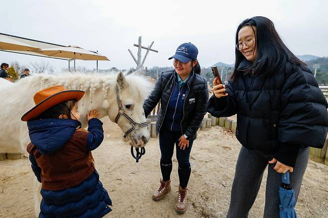 15일 경기 과천시 렛츠런파크 서울에서 열린 ‘2026 포니랜드 포니 체험’에서 한 어린이가 포니를 쓰다듬고 있다.
