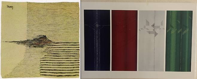 왼쪽은 1981년작 '까치M', 실, 90x88cm, 오른쪽은 성당 제대 장식포 왼쪽은 [서울아트가이드 연재칼럼 '(63)아름다운 세상을 그리며, 성옥희의 태피스트리 | 김가영'에서 캡처], 오른쪽은 [유족 제공]