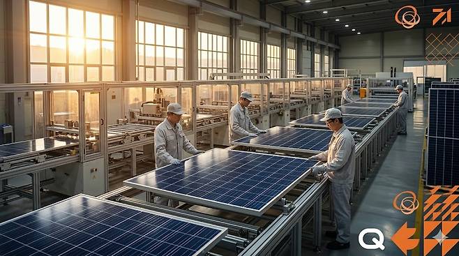 한화솔루션 주가 급등 차트와 태양광 패널 생산 공장 전경