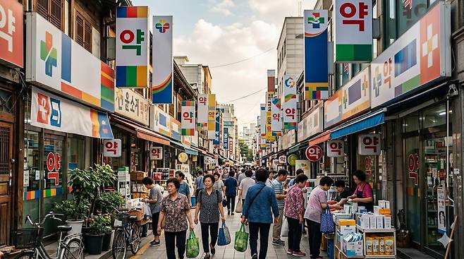 종로5가 약국 거리 입구에서 약국 간판들이 늘어선 거리 풍경 사진