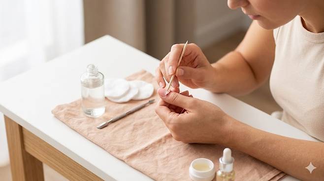 젤네일을 제거한 뒤 손톱 상태를 점검하는 여성의 손 클로즈업