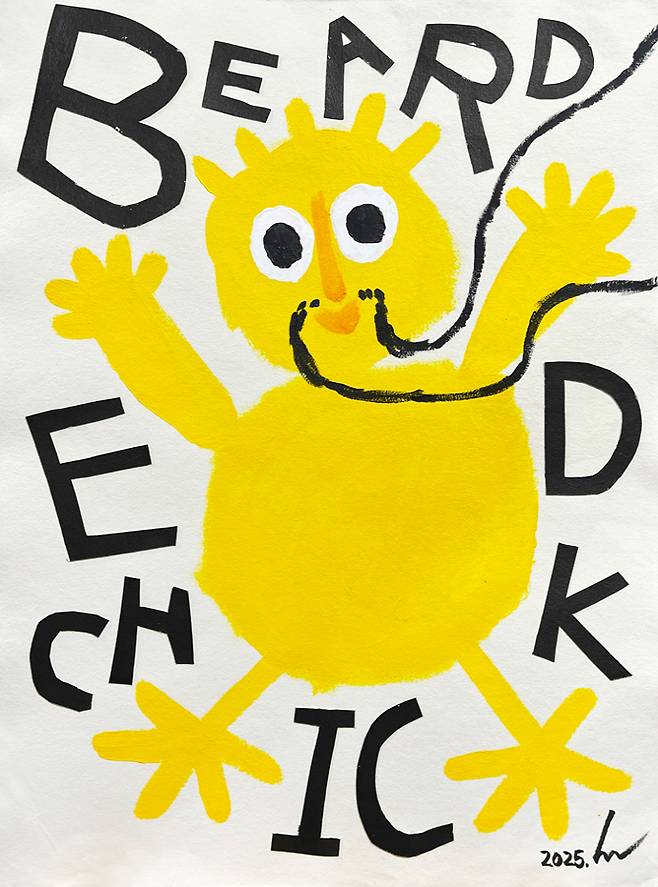 이의선 作 'BEARDED CHICK'(76×56㎝, acrylic, collage, gesso, ink on cotton paper, 2025)
