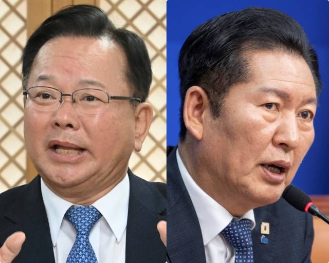 왼쪽부터 김부겸 전 국무총리, 정청래 더불어민주당 대표. 연합뉴스