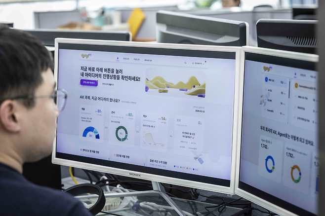 SKT 구성원이 전용 플랫폼 ‘AXMS’를 활용해 업무 현장에 적용할 AI 과제를 구체화하고 있다./사진 제공=SK텔레콤