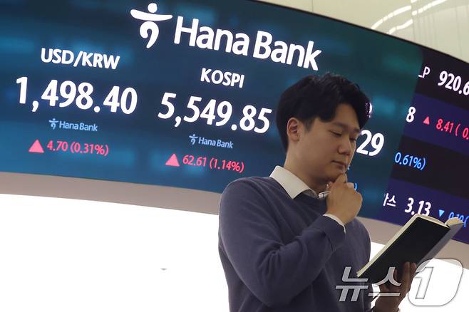 코스피 지수가 1%대 상승 마감한 16일 오후 서울 중구 하나은행 딜링룸 현황판에 전장대비 62.61포인트(1.14%) 상승한 5,549.85를 나타내고 있다. 이날 원달러 환율은 전장대비 4.70원(0.31%) 상승한 1,498.40원에 거래되고 있다. 2026.3.16 ⓒ 뉴스1 이광호 기자