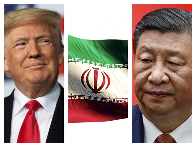 왼쪽부터 도널드 트럼프 미국 대통령과 이란 국기, 시진핑 중국 국가주석.[장성민 전 국회의원 페이스북 사진]