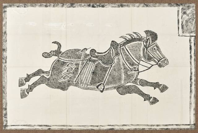 ▲ 원주 명주사 고판화박물관 ‘돌에 새겨진 역사와 신화 이야기-중국 화상석 탁본 특별전’ 출품작 중 하나인 ‘당태종 육준마 중 청아’. 당태종의 묘인 소릉을 장식했던 말 중 대형 준마도로 귀중한 작품으로 꼽힌다. 고판화박물관 제공.