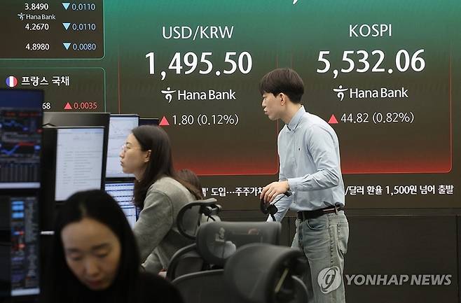 16일 서울 중구 하나은행 딜링룸에서 직원들이 업무를 보고 있다. 이날 전일 대비 23.58포인트(0.43%) 오른 5510.82에 거래를 시작한 뒤 상승과 하락을 오가며 변동성이 큰 모습을 보이고 있다. [연합뉴스]