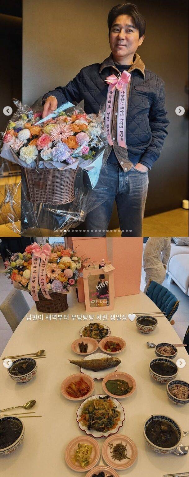 임창정이 아내 서하얀 생일을 맞아 “사랑하는 내 아내 ‘얀이’의 생일을 축하해요 남편 창정”이라는 문구가 적힌 분홍색 리본을 목에 두른 채 스스로 선물이 된 듯한 모습으로 등장했다. 아래는 임창정이 마련한 아내 생일상. /서하얀 소셜미디어
