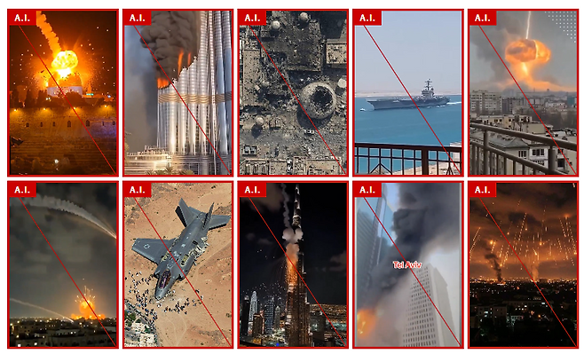 이란 전쟁을 둘러싸고 인공지능(AI)이 만든 가짜 영상과 이미지가 온라인에서 빠르게 확산되고 있다. 뉴욕타임스는 최근 2주 동안 전쟁이 실제로 벌어지고 있는 것처럼 허위로 묘사한 AI 생성 이미지와 영상 37개를 포함해 110개 이상의 가짜 콘텐츠를 확인했다고 전했다. 사진은 미사일 공격과 대규모 폭발 등 전쟁 장면을 묘사한 AI 생성 이미지 예시.[NYT]