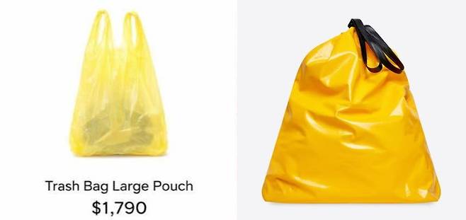 [뉴시스] 최근 SNS에서 공유된 '쓰레기 봉투 파우치'(왼쪽)과 실제 발렌시아가 2022 F/W 제품으로 출시된 '쓰레기 파우치' 사진. (사진=SNS, 발렌시아가 공식 홈페이지 갈무리) *재판매 및 DB 금지