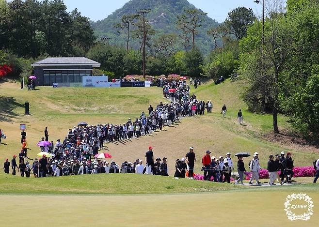 지난해 레이크우드CC 산길·숲길 코스에서 열린 KLPGA 챔피언십 최종 라운드에 구름 갤러리가 몰려 있다. 사진 제공=KLPGA