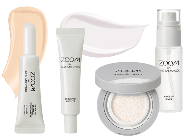 (왼쪽부터)듀이핏 스파츌라 파운데이션 25ml 5천원,&nbsp;글로시업 쿠션 4g 5천원, 광프렙 부스터 30ml 5천원, 메이크업 픽서 50ml 5천원 모두 줌 바이 정샘물