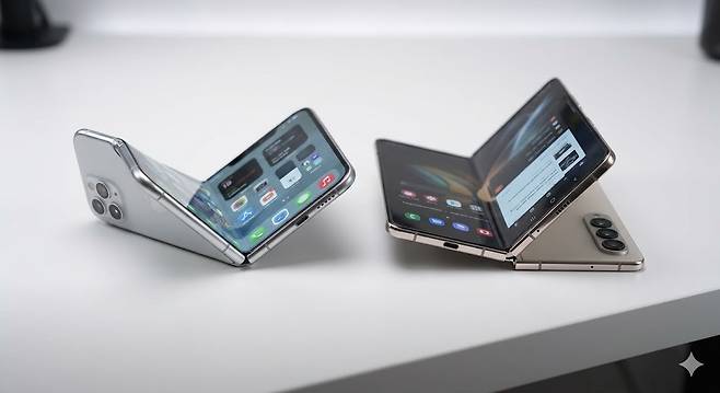 아이폰 폴드 예상 렌더링 이미지와 갤럭시Z폴드7 나란히 놓은 비교 사진