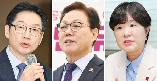 경남도지사 선거에 출마한 김경수 더불어민주당 후보, 박완수 국민의힘 후보, 전희영 진보당 후보.