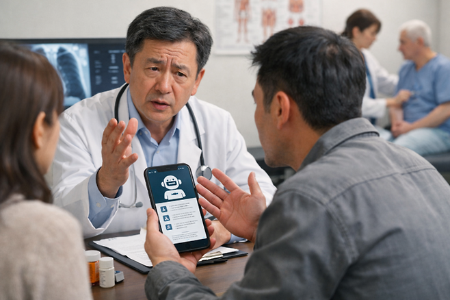 대구의 한 병·의원 진료실에서 환자가 스마트폰을 들고 의료진과 대화를 나누고 있다. 최근 인공지능(AI)을 통해 증상과 치료 정보를 미리 확인한 뒤 병원을 찾는 사례가 늘면서, 진료 현장에서는 환자와 의사 간 판단을 둘러싼 갈등이 새로운 과제로 떠오르고 있다. <이미지=생성형 AI>
