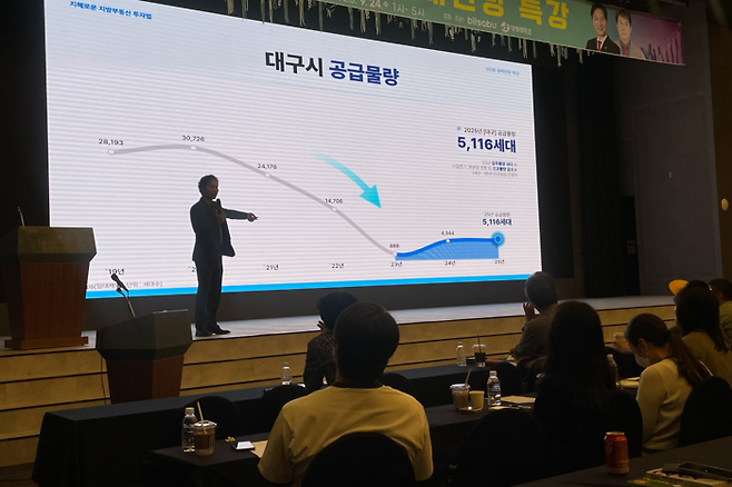 송원배 대구경북부동산분석학회 이사가 24일  대구그랜드호텔에서 열린 2026 경제전망 특강에서 지혜로운 지방부동산 투자법을 주제로 대구 부동산시장을 전망하고 있다. 윤정혜 기자