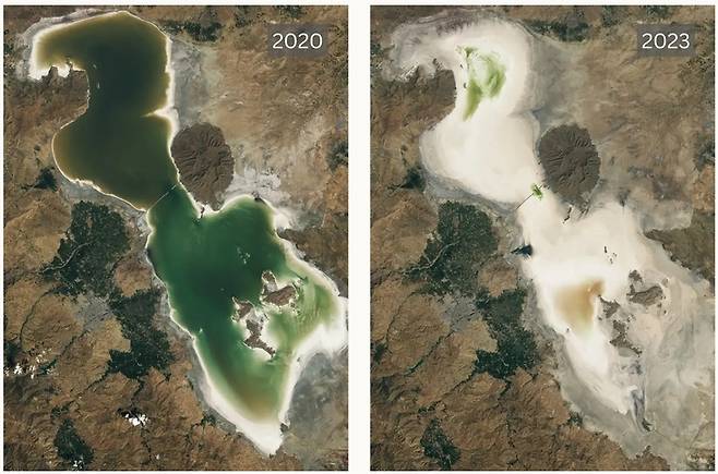 ▲이란의 우르미아 호수가 가뭄으로 인해 말라붙은 모습 (2020년 왼쪽, 2023년 오른쪽). (사진=미 항공우주국(NASA))