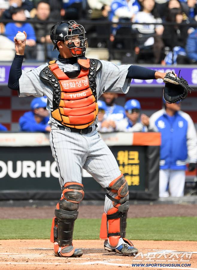 12일 대전한화생명볼파크에서 열린 KBO리그 한화 이글스와 삼성 라이온즈의 시범경기. 한화 포수 허인서가 수비를 하고 있다. 대전=박재만 기자 pjm@sportschosun.com/2026.03.12/