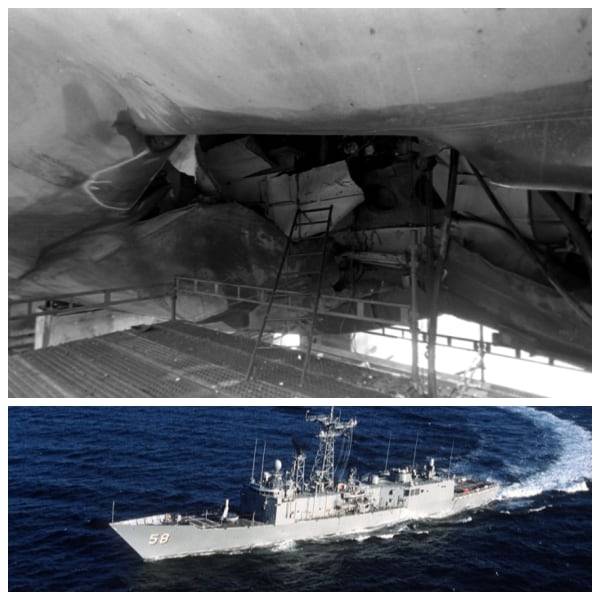 1988년 4월 18일 '탱커 전쟁'에서 유조선 호송 작전 중에 이란의 기뢰에 피격 파손된 새뮤얼 B 로버츠 프리깃함./미 해군