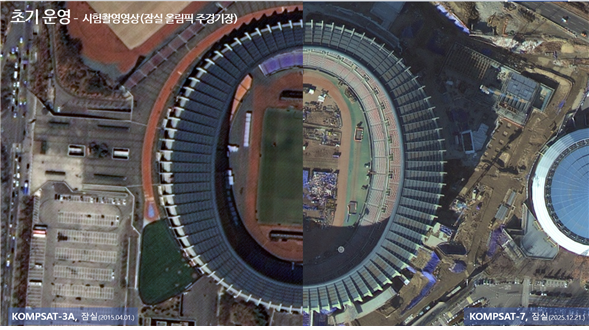 잠실 올림픽 경기장, 다목적3A호(왼쪽)와 다목적7호 시험촬영영상 비교. 우주항공청 제공