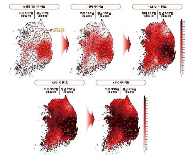 기후변화 시나리오별 산불 위험 기간 변화. 카이스트 메타어스랩·그린피스 제공