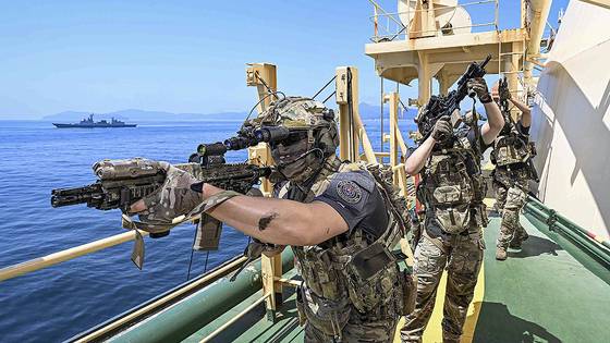 청해부대 46진 해적대응 민ㆍ관ㆍ군 합동훈련   (서울=연합뉴스) 1일 경남 거제시 인근 해역에서 열린 '청해부대 46진 해적대응 민ㆍ관ㆍ군 합동훈련'에서 해군 특수전대원(UDT/SEAL)으로 구성된 검문검색대 대원들이 피랍 상선으로 가정한 선박 내부를 수색하며 해적진압작전을 하고 있다. 연합뉴스