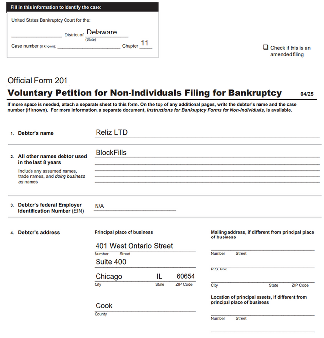 블록필스의 운영사인 릴리즈(Reliz LTD)가 미국 델라웨어주 파산법원에 제출한 챕터 11 파산보호 신청서 표지. [출처= 미국 델라웨어주 파산법원]