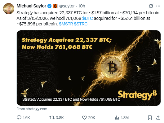 마이클 세일러가 자신의 소셜미디어(X)를 통해 스트레티지의 대규모 비트코인 추가 매수 소식을 알리고 있다. [사진 = 마이클 세일러 X]