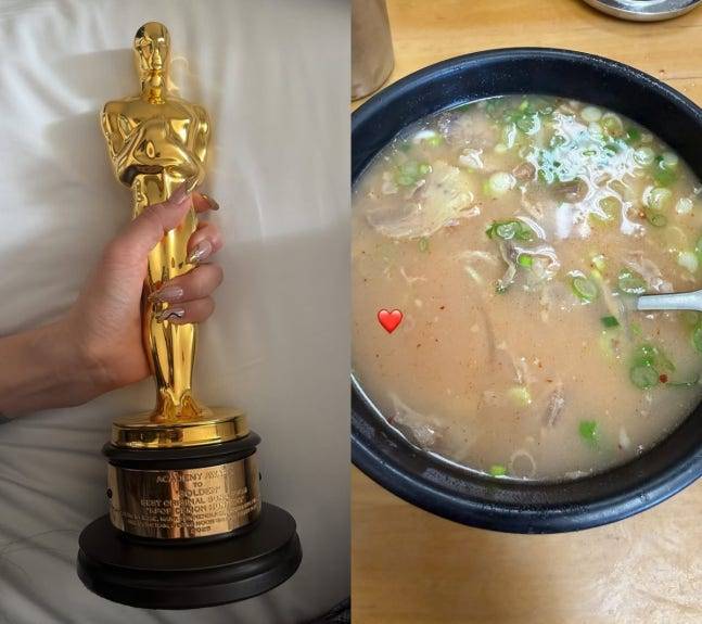 프로듀서 겸 가수 이재가 '아카데미 수상' 이후 트로피와 국밥 사진을 올려 관심을 끌었다./사진=이재 SNS 화면캡처.