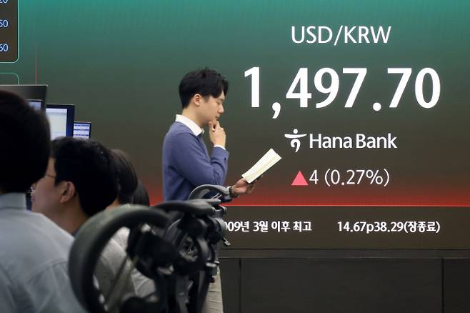 2022년 원/달러 평균환율은 1291.95원에서 현재(2026년 3월16일 1497.50원)까지 15.91% 올랐다. 이달 미국과 이스라엘의 이란 공습으로 불거진 중동 리스크와 한미간 금리 역전 구조가 맞물리며 환율이 물가를 다시 자극하는 악순환에 빠졌다. 사진은 3월 16일 오후 서울 중구 하나은행 딜링룸 현황판에 원달러 환율이 전장대비 4포인트(0.27%) 상승한 1,497.70원에 거래되고 있는 모습./사진=뉴스1